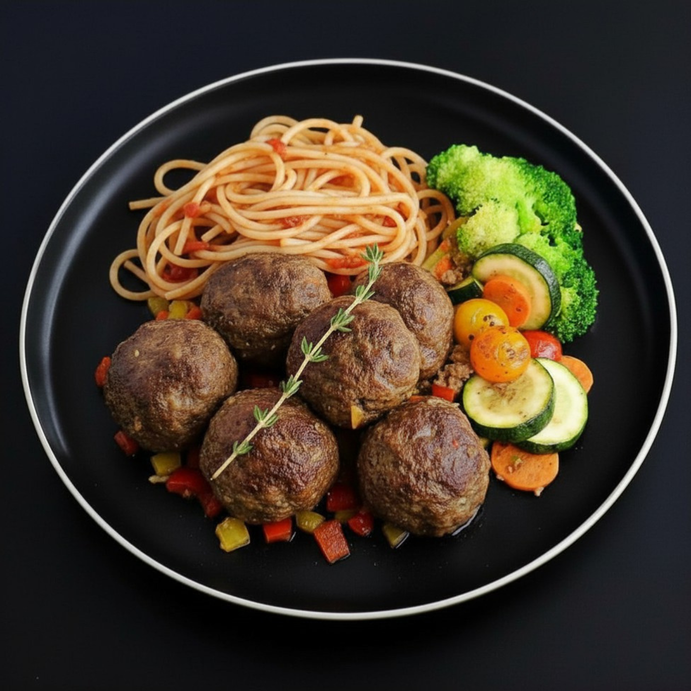 Beef meatballs accompanied with spaghetti and vegetables, topped with thyme