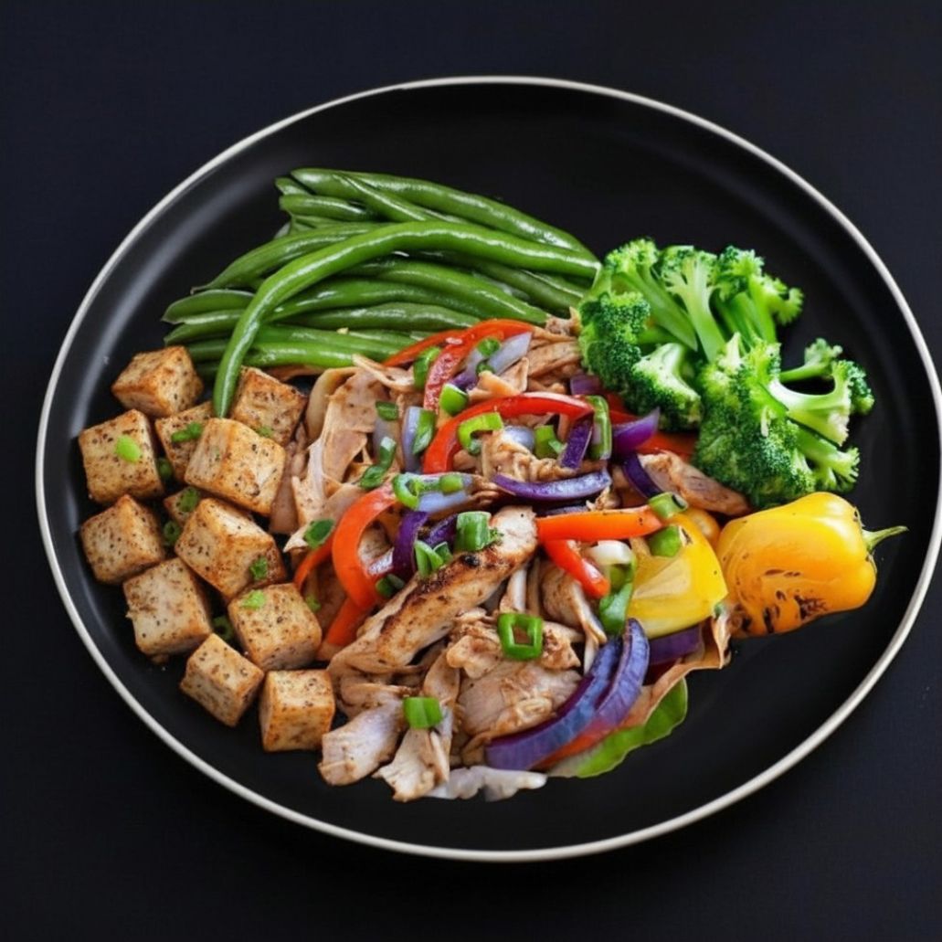A plate containing chicken fajitas with bell peppers, onions, and roasted taro root, served with green beans and broccoli.