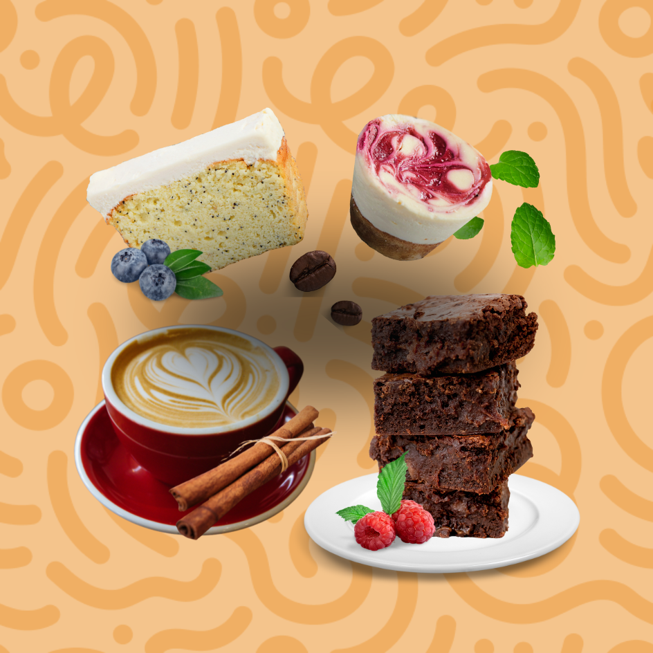 Assorted healthy desserts featuring a triple chocolate protein brownie, a raw vegan berry cheesecake, and a naturally sweetened lemon poppyseed square on a soft orange background.