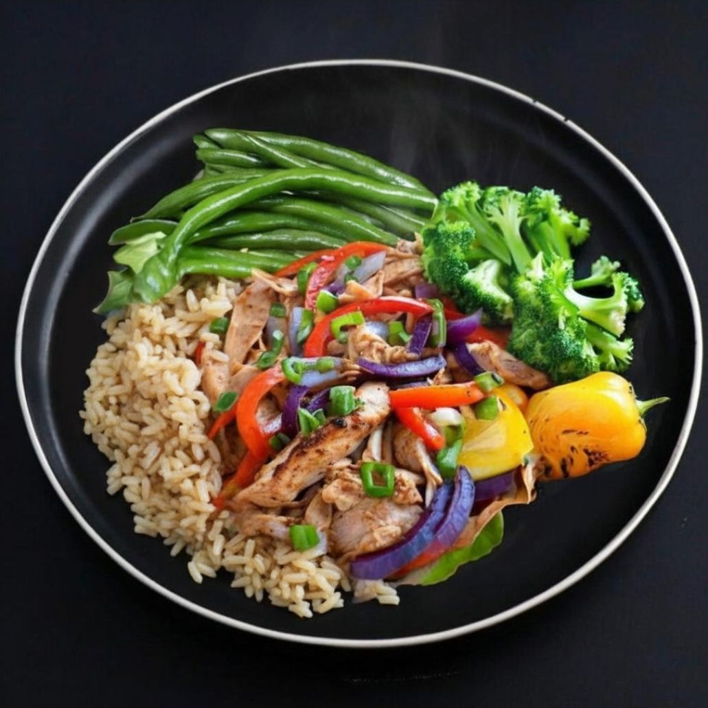 A plate containing chicken fajitas with bell peppers, onions, and corn tortillas, served with green beans and broccoli.