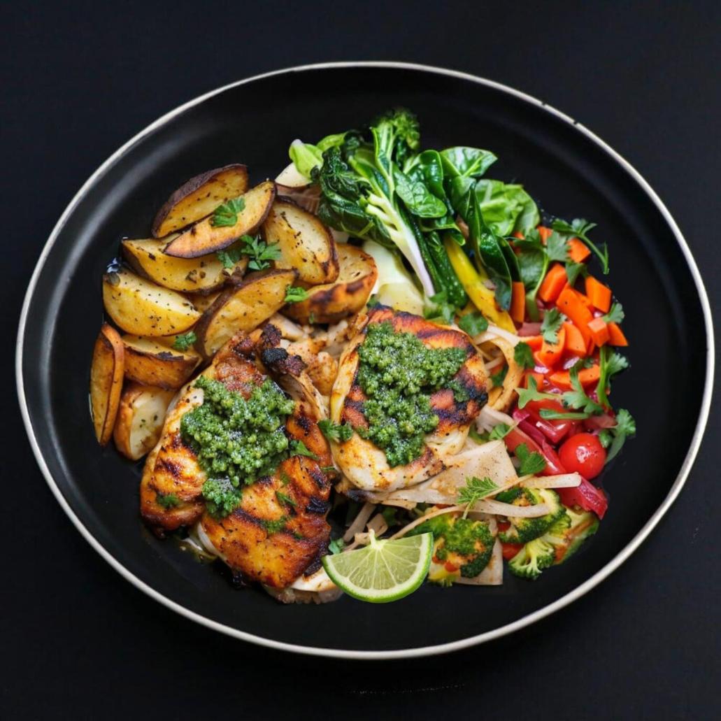 A plate containing Chimichurri chicken thighs, side roasted potatoes, and assortment of vegetables with a lime slice is a part of the gourmet meal plan menu. 