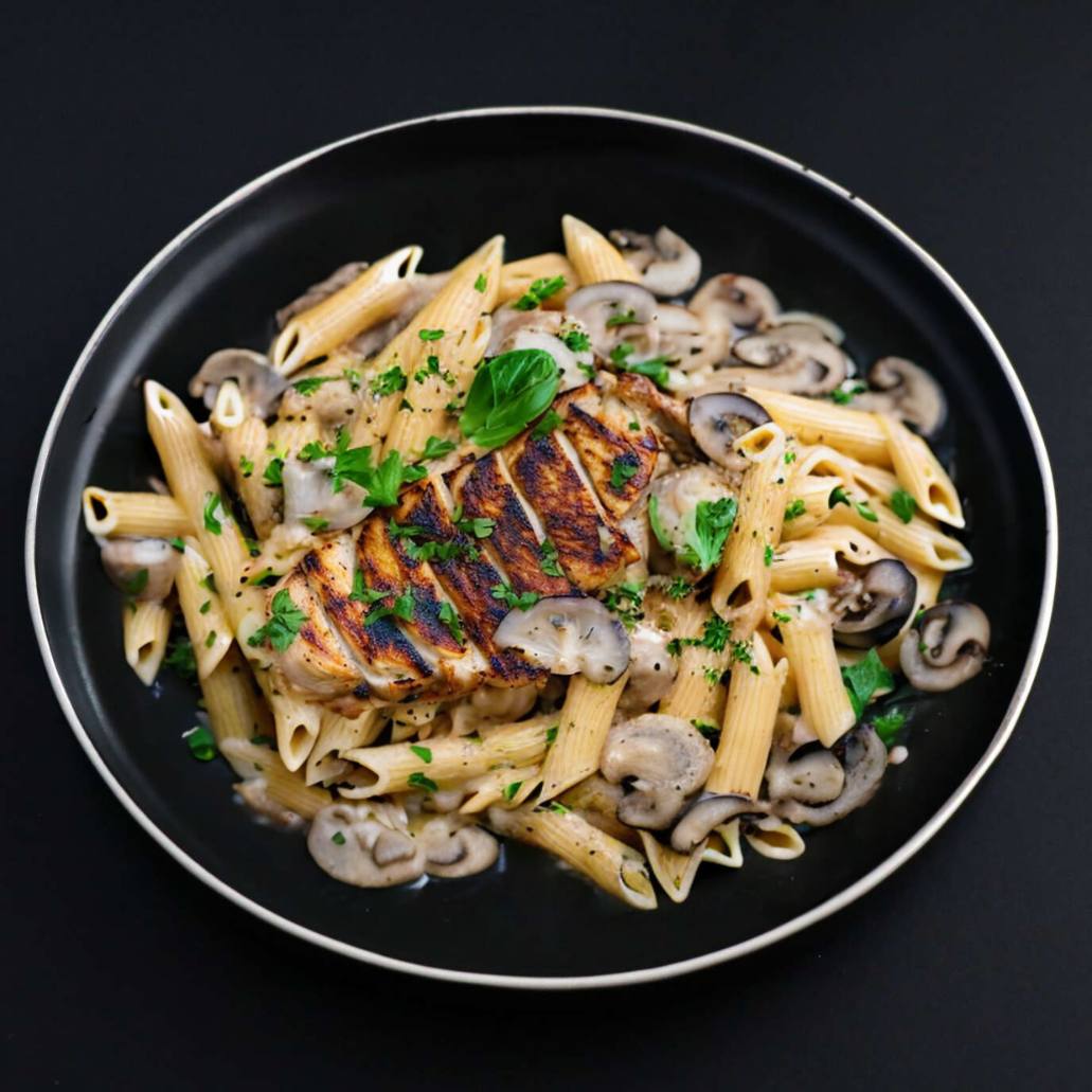 A plate of a gourmet al-dente Penne pasta with delicious creamy mushroom sauce comes with a sliced grilled chicken breast and decorated with basil and parsley.