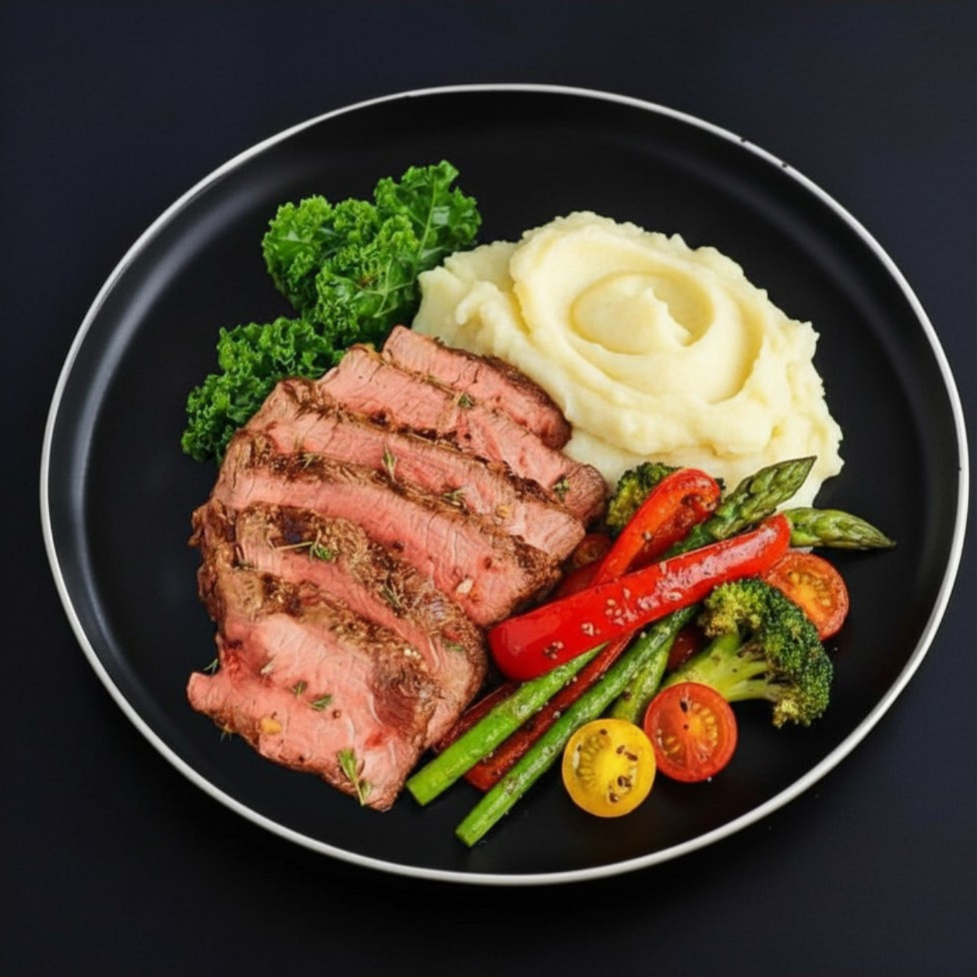 Plated dish with sliced grilled steak, mashed potatoes, and vegetables on a black background