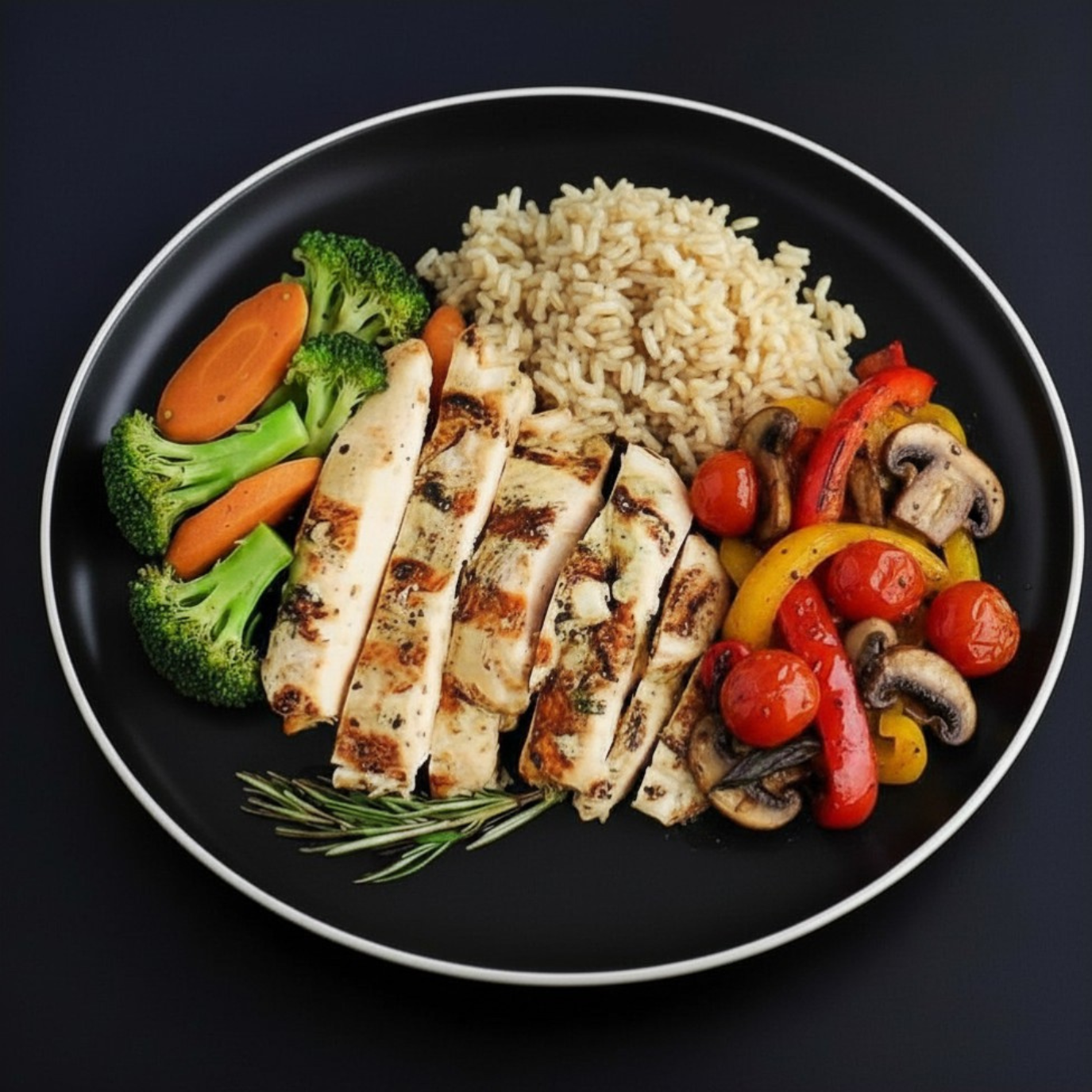 Sliced grilled chicken breast with assorted vegetables and a side of brown rice around on a black plate