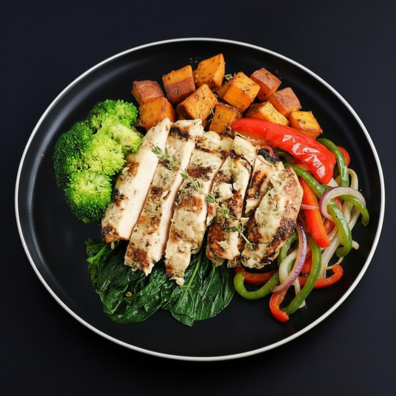 A plate containing sliced grilled chicken breast served with roasted sweet potatoes, steamed broccoli, mix of peppers and onion along with spinach on a black plate