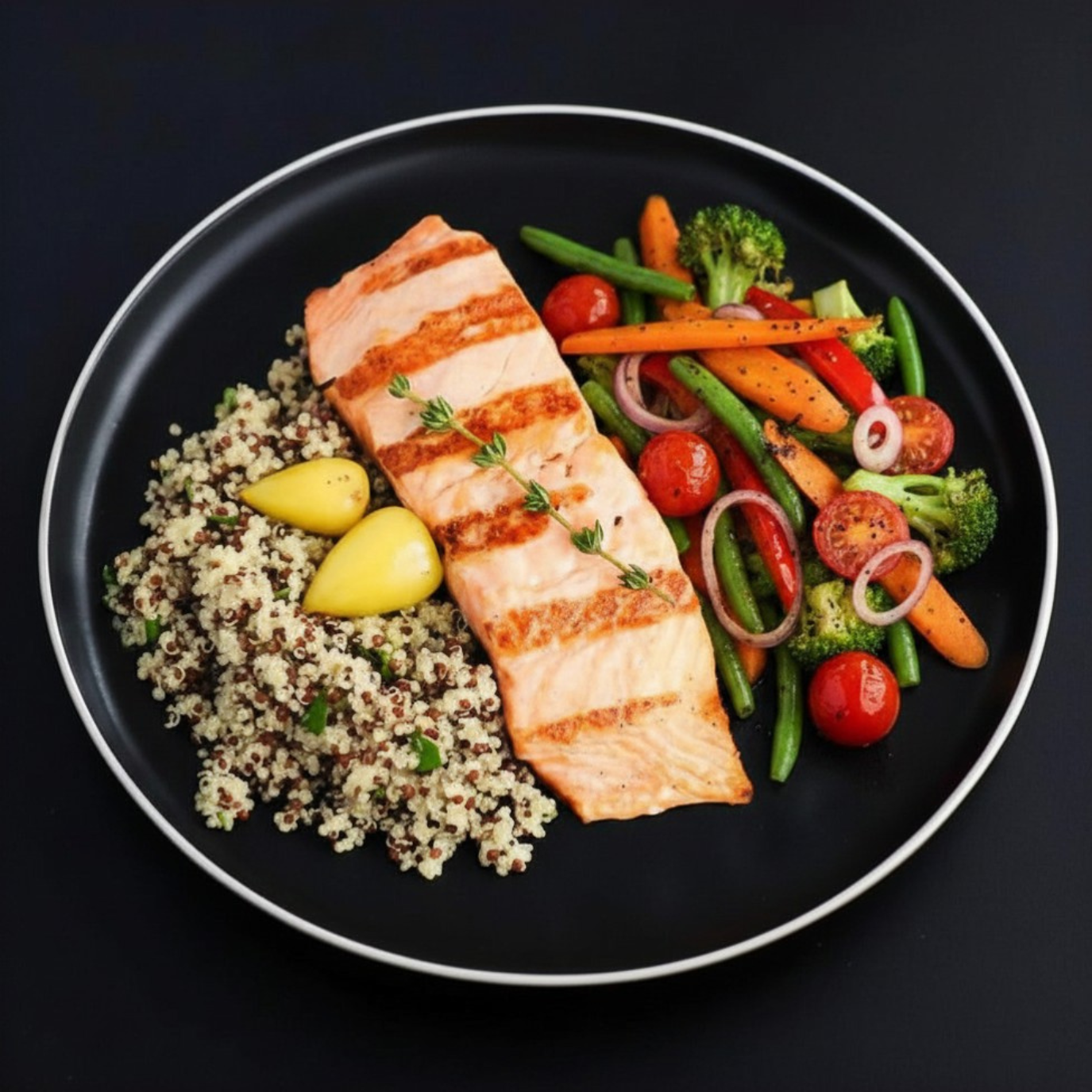 A plated salmon fillet with grill marks, served with quinoa, broccoli, carrots, green beans, and cherry tomatoes on a black plate against a dark background.