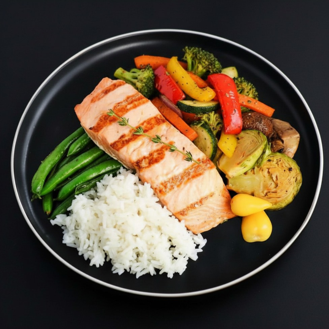 Grilled salmon fillet with a side of basmati rice and assorted vegetables that include Brussel sprouts, green beans, peppers and others on a back plate and dark background
