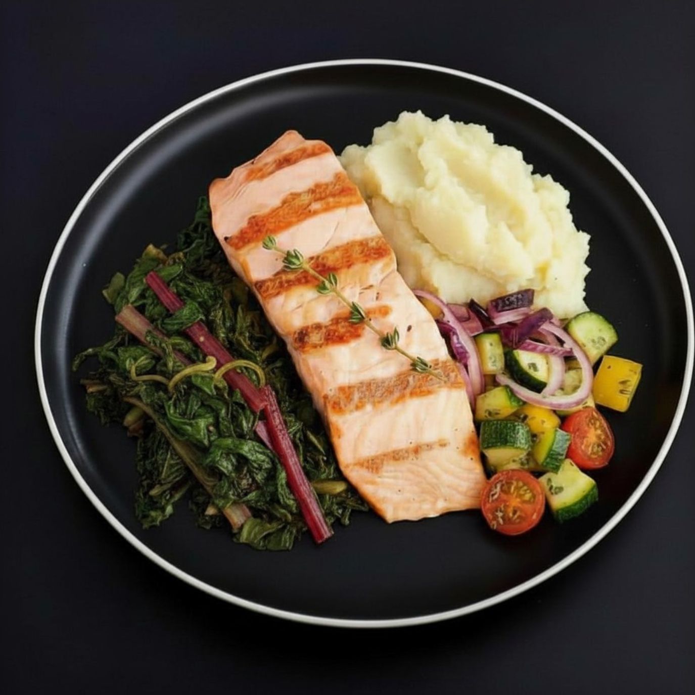 A plate containing grilled salmon, mashed potatoes, and mixed vegetables including broccoli and red cabbage on a dark background.