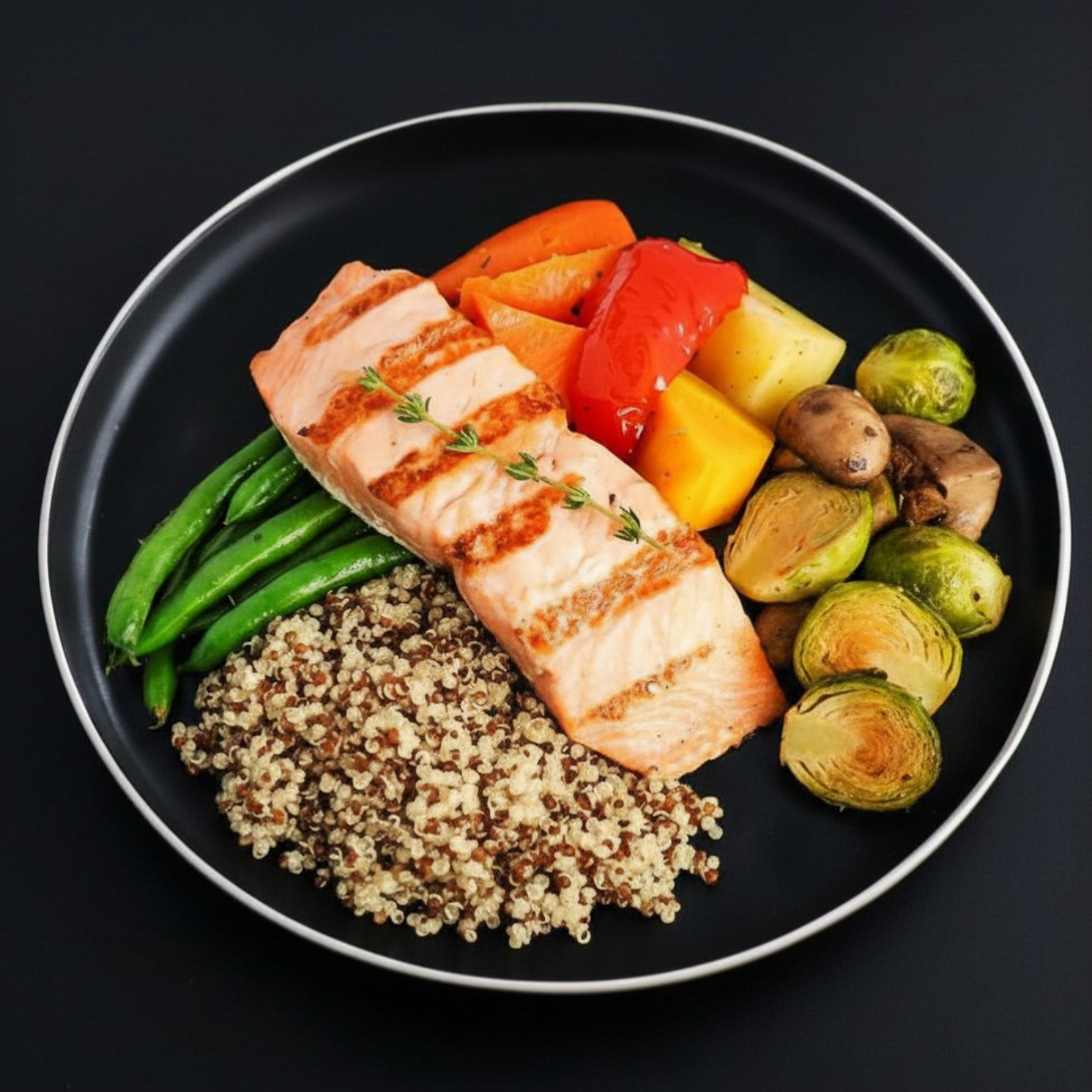 Plated dish with grilled salmon, quinoa, and assorted vegetables on a black background