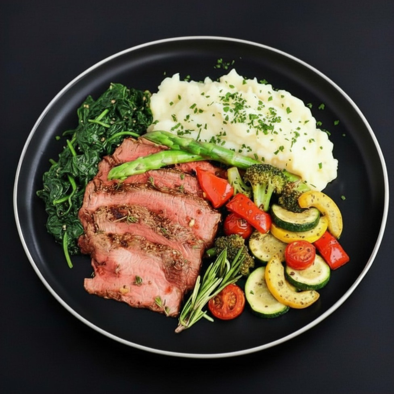 A plated meal on a black plate featuring sliced grilled beef steak, mashed potatoes, green spinach, asparagus, broccoli, zucchini, red bell pepper, and cherry tomatoes on a dark background.