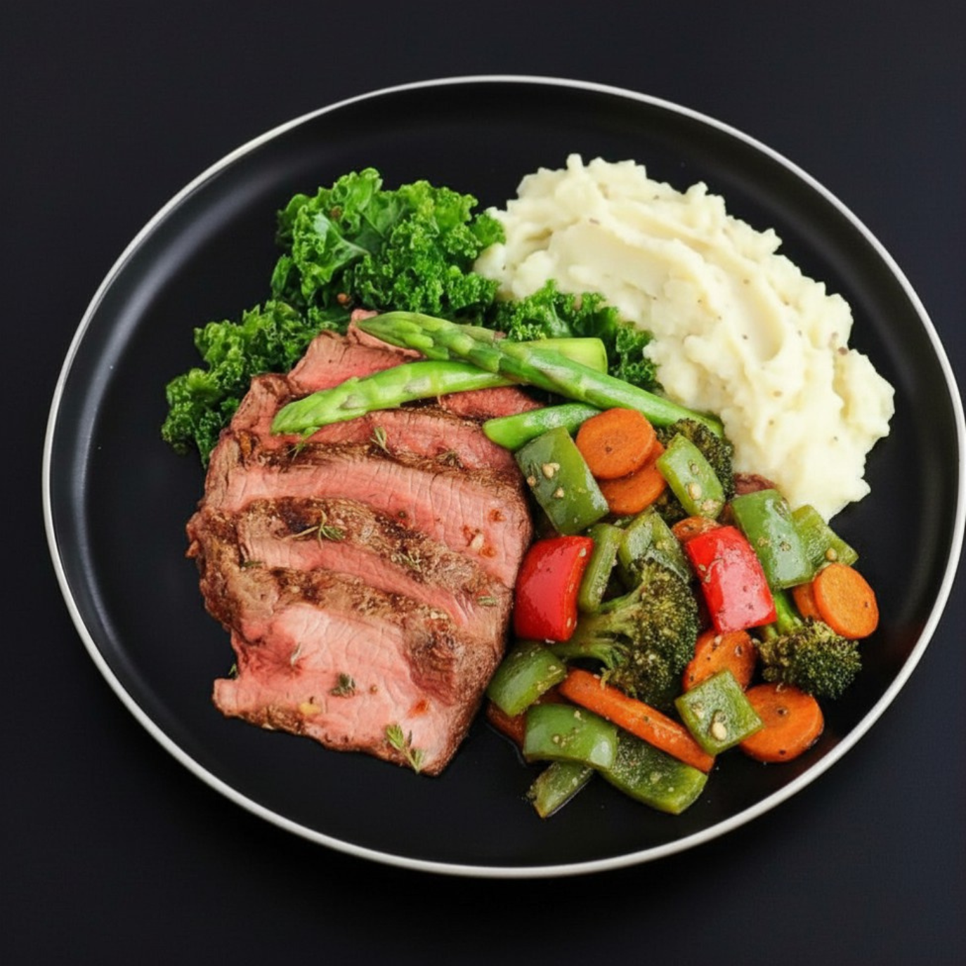 Plated meal with grilled steak, assorted vegetables, and mashed potatoes on a black plate.