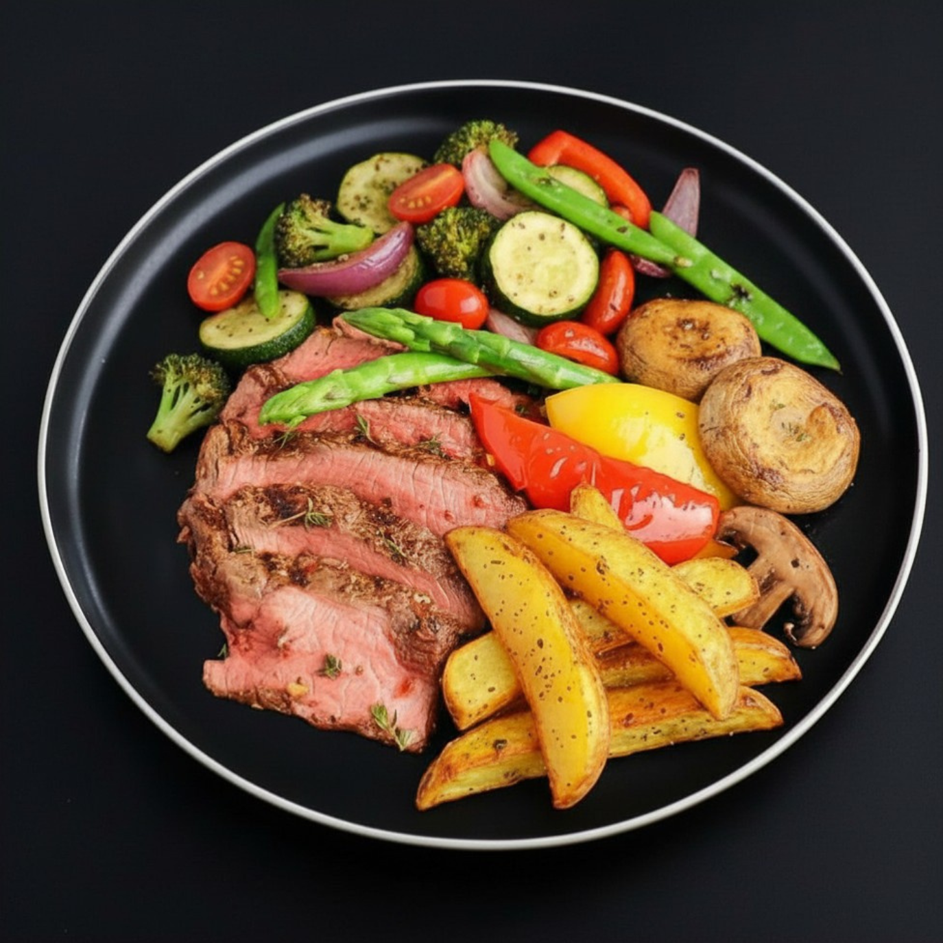 A plated meal featuring sliced grilled beef steak, roasted potato fries, spinach, asparagus, mushrooms, red peppers, zucchini, and cherry tomatoes on a black plate against a dark background.