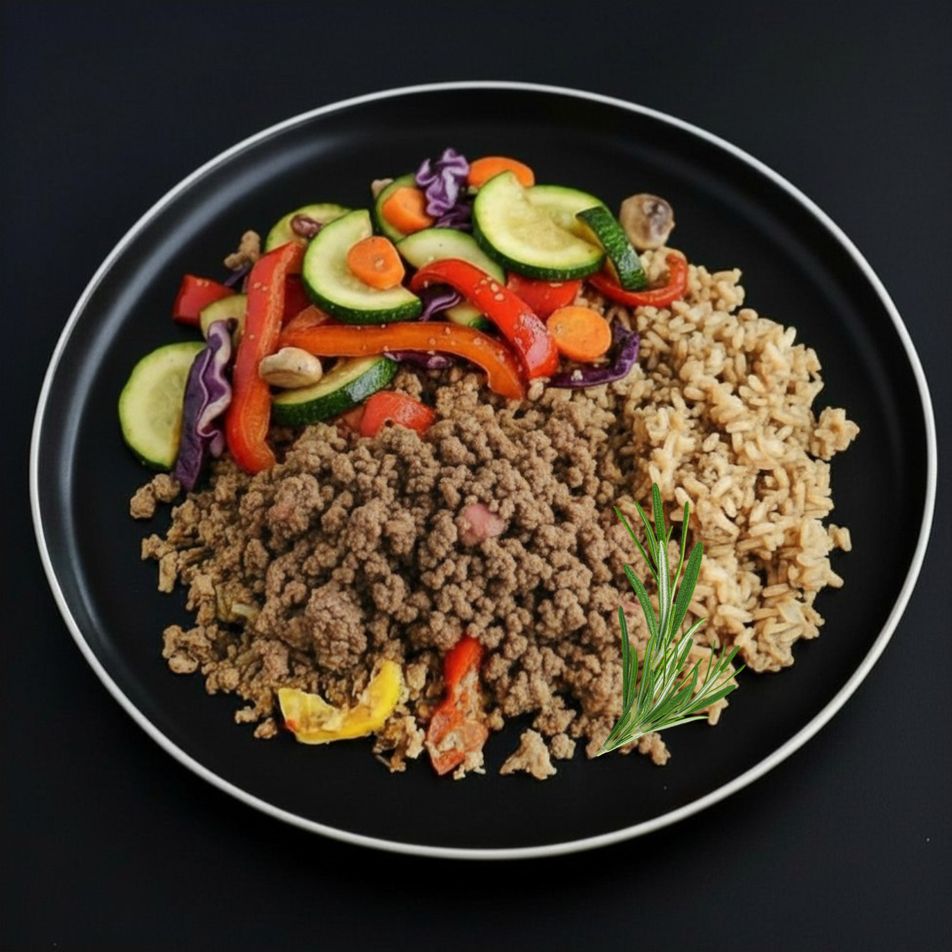 A plate containing ground lean beef served with brown rice and assorted veggies including zucchini, peppers, carrots and other on a black plate