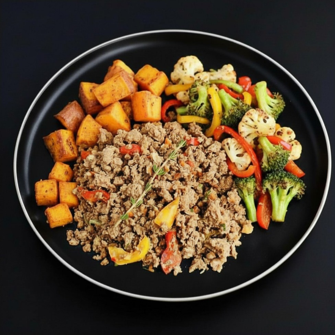 A plate of ground lean beef with roasted sweet potato, bell peppers, cauliflower and broccoli on a dark background.
