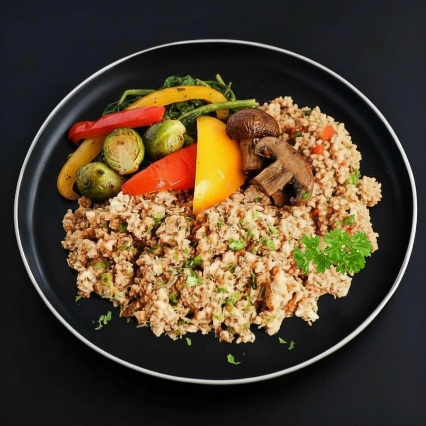 A plate of lean ground turkey with bulgur pilaf, topped with broccoli, brussel sprouts, red bell pepper, mushrooms, and herbs.