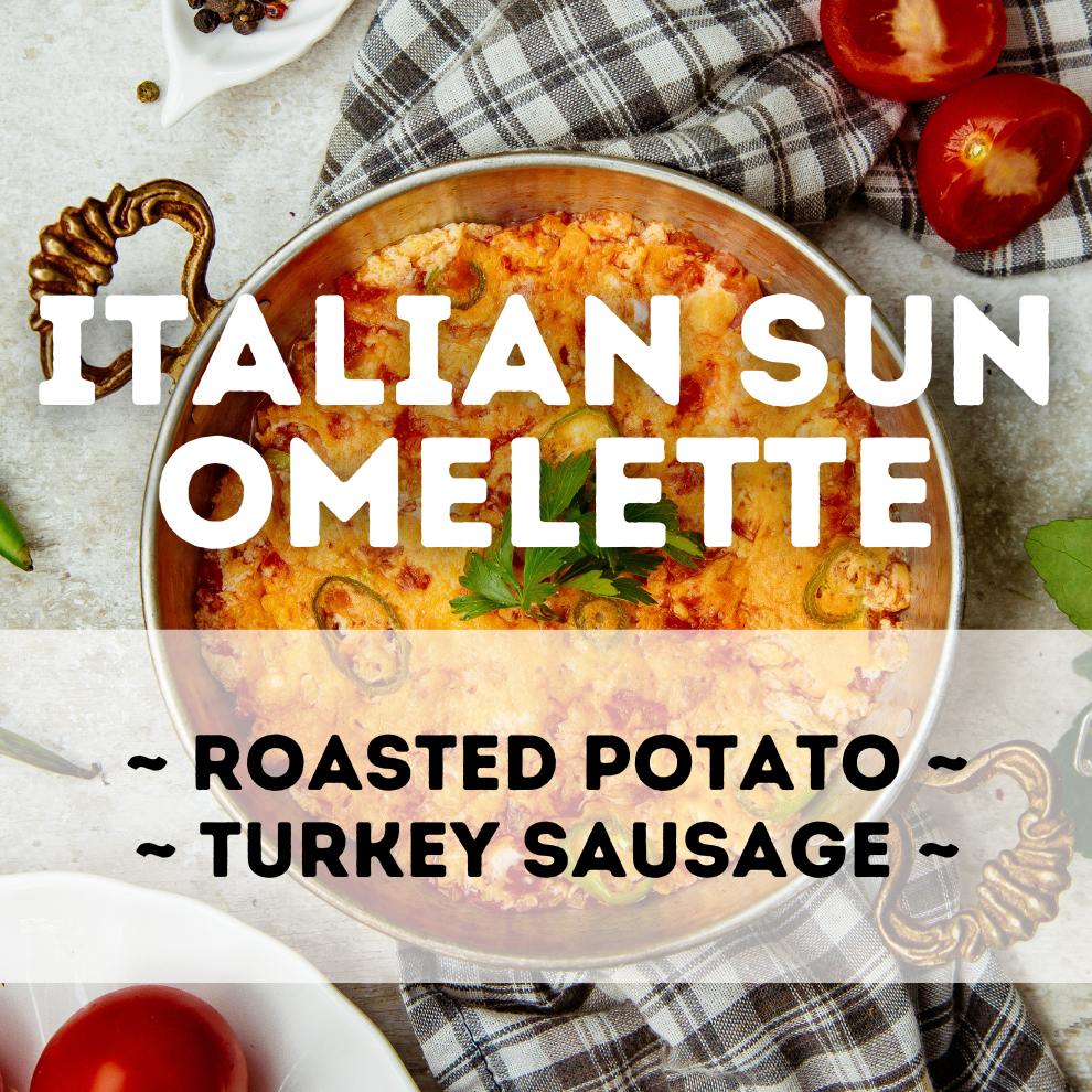 Italian sun omelette with roasted sundried tomato and turkey sausage in a bowl, surrounded by tomatoes and herbs.