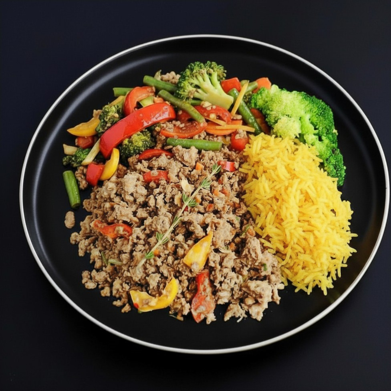 A plated meal on a black plate with a thin white rim, featuring lean ground turkey, turmeric basmati rice, broccoli, and mixed vegetables including red and yellow bell peppers and green beans, set against a dark background.