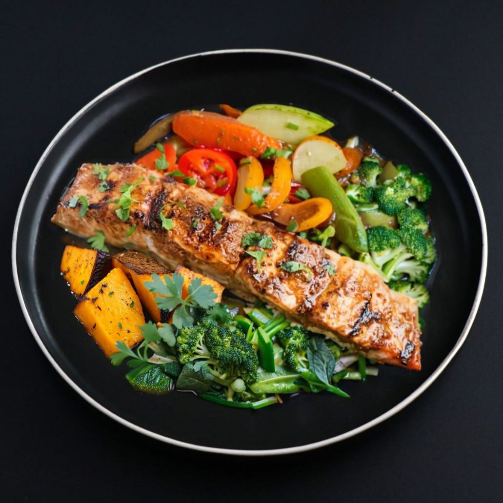 Juicy and flaky piece of paleo Tandoori salmon on a black plate sided with roasted butternut squash pieces alongside assorted veggies .