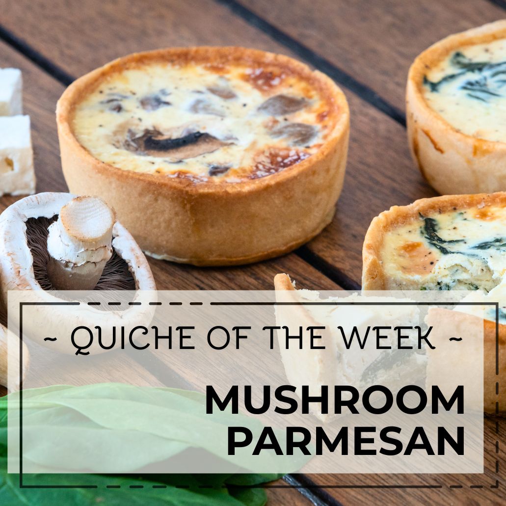 Mushroom Parmesan quiche on a wooden surface with text overlay.