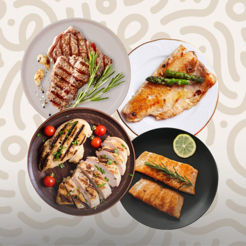 Assorted meal prep proteins featuring grilled sirloin steak with rosemary, pan-seared white fish with asparagus, grilled chicken breast with cherry tomatoes, and oven-roasted salmon fillets with lime.