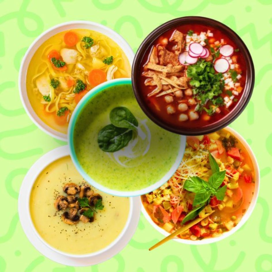 Assorted healthy meal plan soups including classic chicken noodle with carrots, hearty tomato pozole with radishes, creamy mushroom bisque, vibrant green pea soup, and a chunky vegetable minestrone on a lime green background.