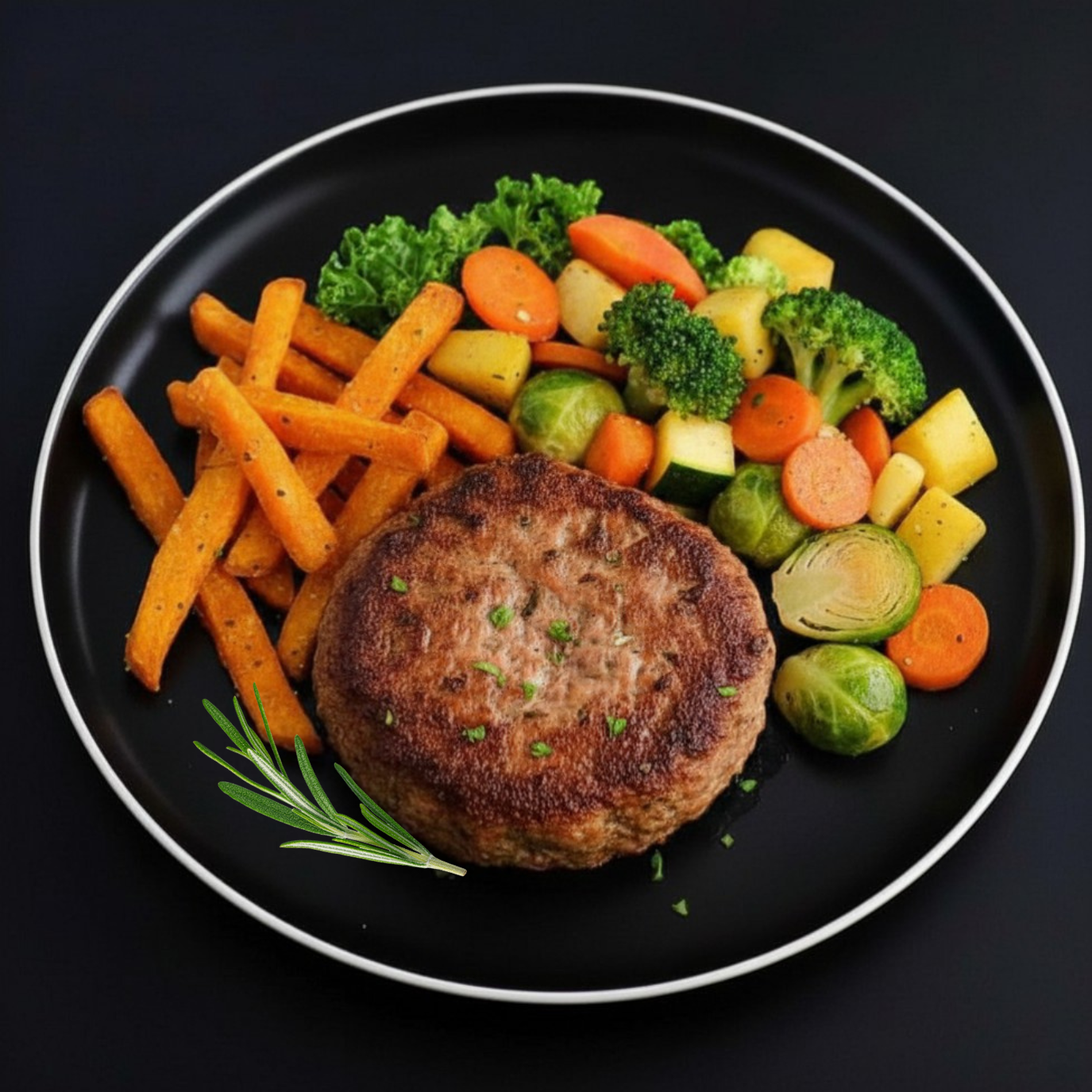 Turkey slider served on a black plate with sweet potato fries and variety of vegetables including broccoli, carrots and Brussels.