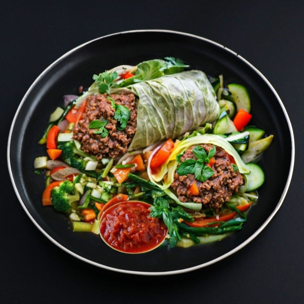 Beef cabbage roll featuring juicy ground beef, variety of veggies and a homemade tomato sauce on a dark background.