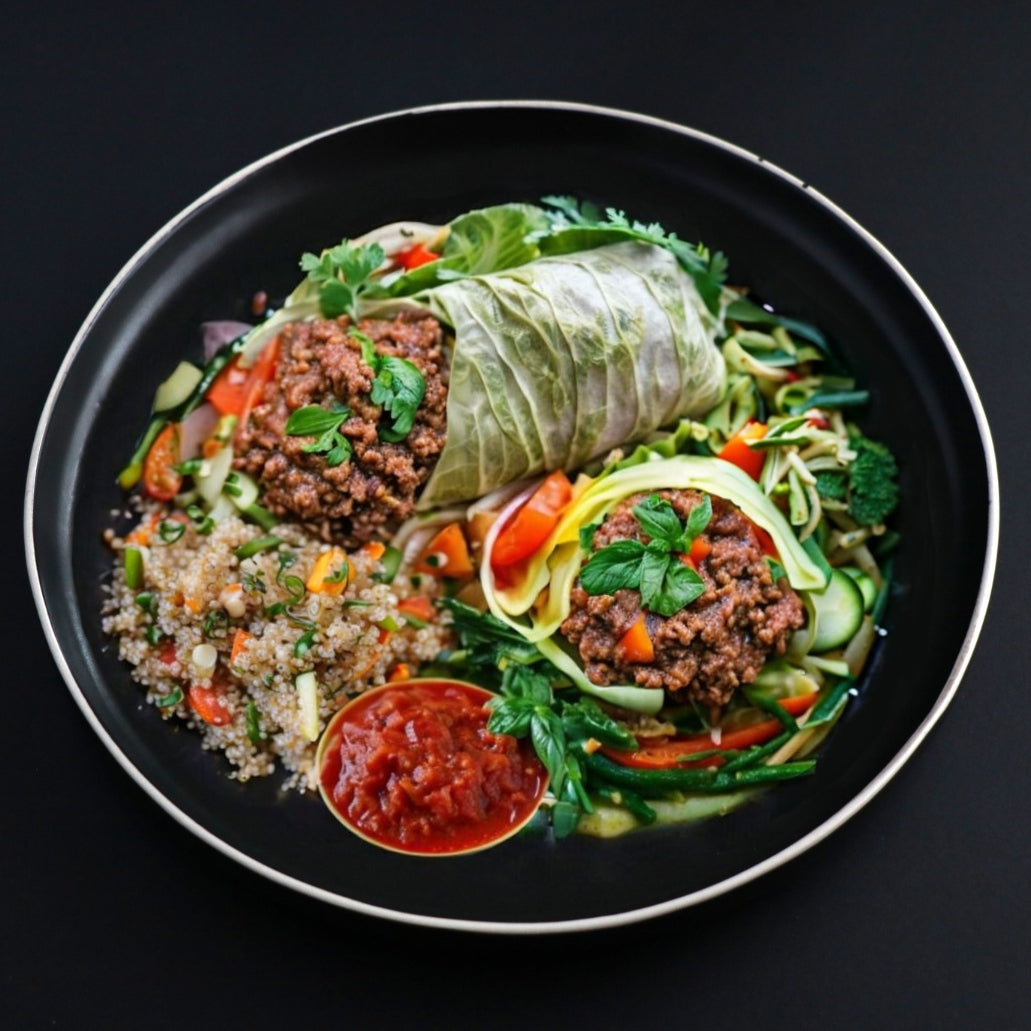 Black plate featuring juicy Gourmet Turkey cabbage roll sided with quinoa pilaf and side veggies.