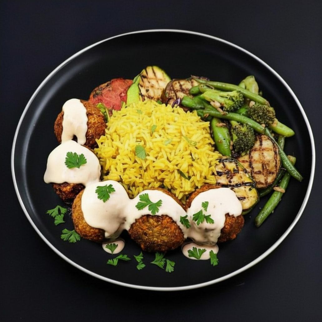 A bowl of falafel with tahini sauce, turmeric basmati rice, and various vegetables, presented on a black plate.